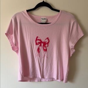 ARULA Pink Short Sleeve Tee with Red Bow Graphic